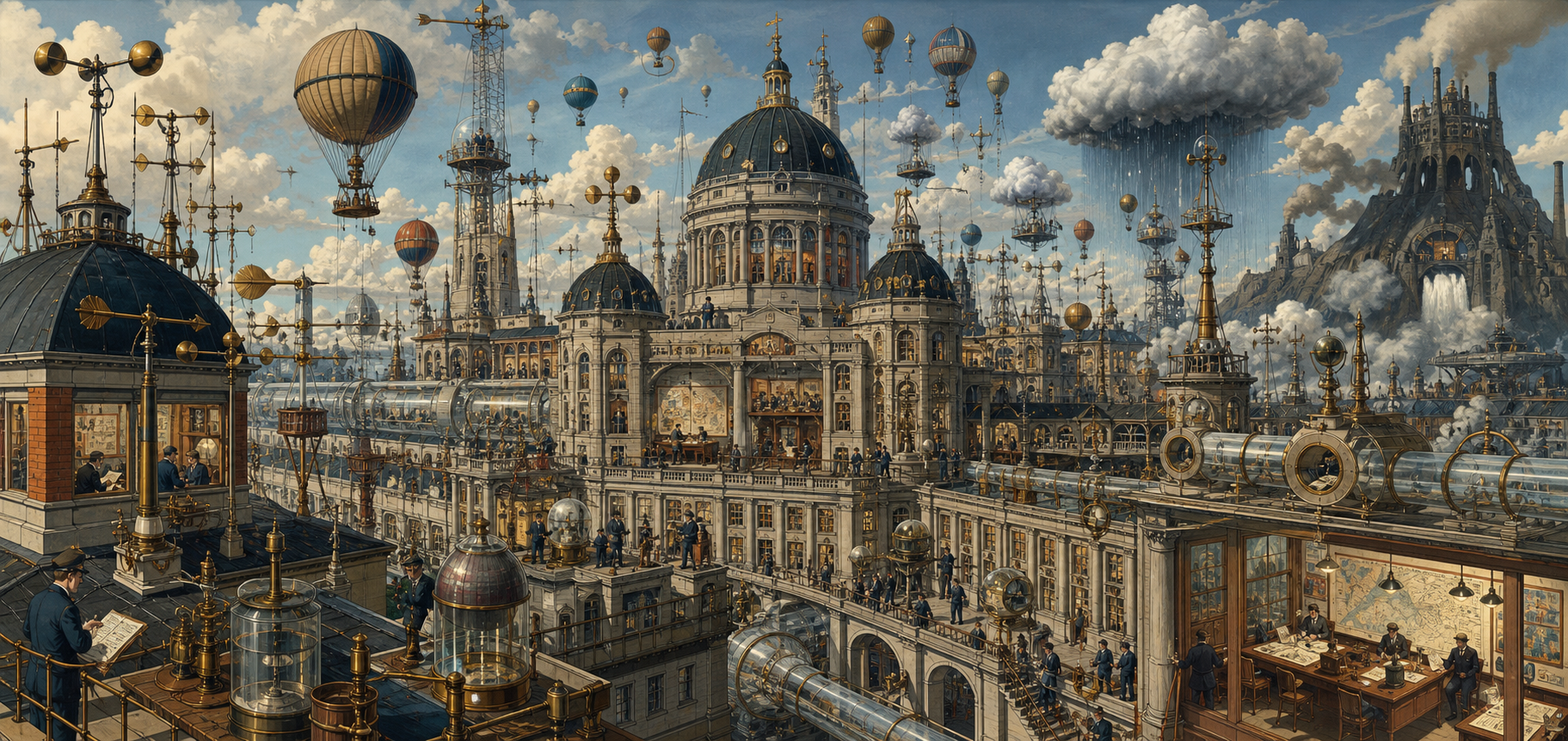 Vast illustrated government weather complex crowded with domes, observation stations, balloons, cloud machinery and pneumatic tubes