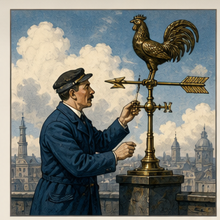 Rooftop official inspecting a brass weather vane