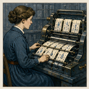 Operator sorting rain records at a machine