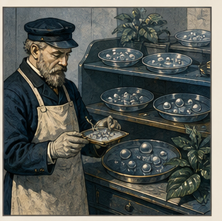Dew curator tending specimen dishes